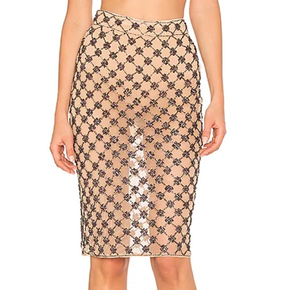 X NBD Elize Beaded Embellished Mesh Midi Skirt in Beige xs